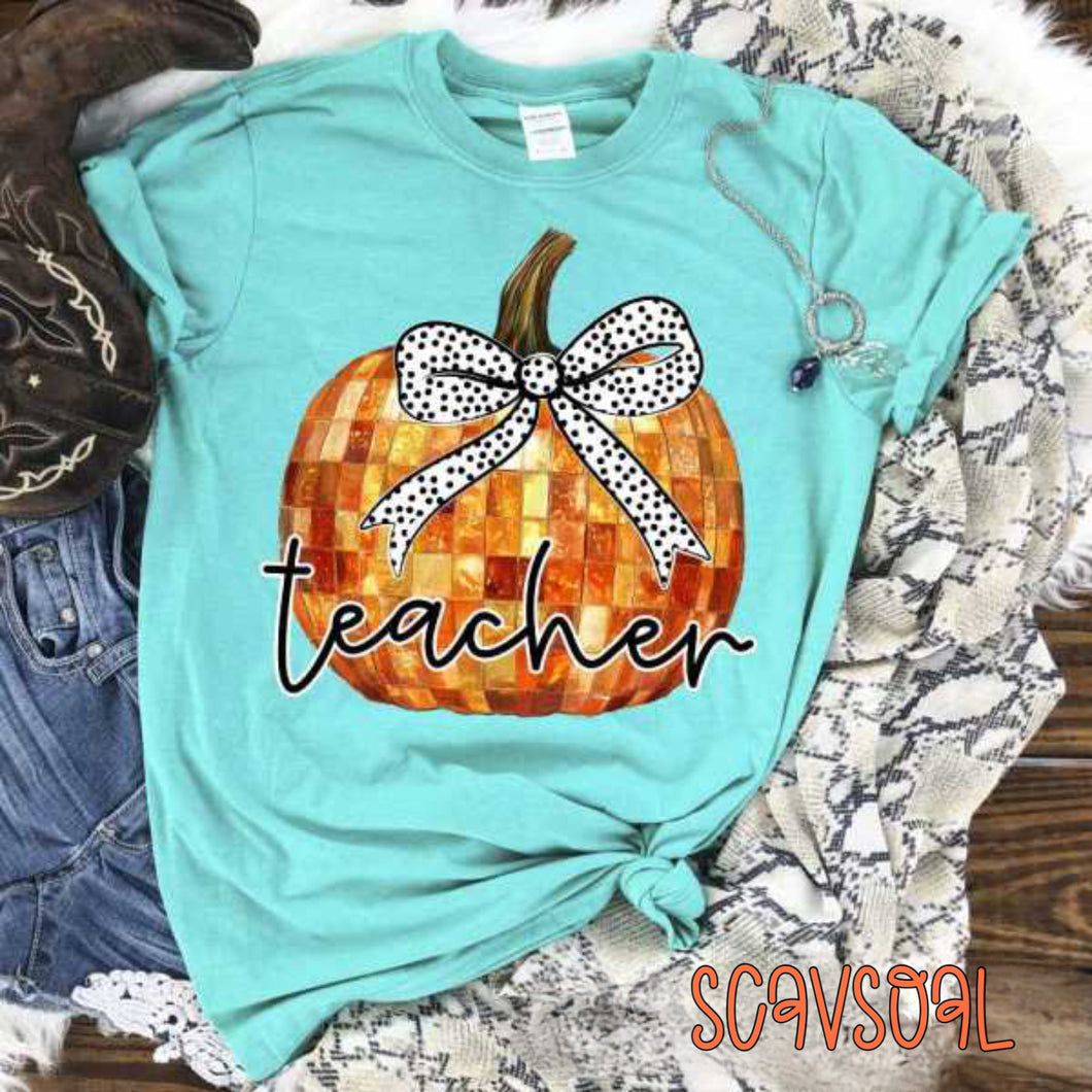 Teacher orange pumpkin with polka dot bow